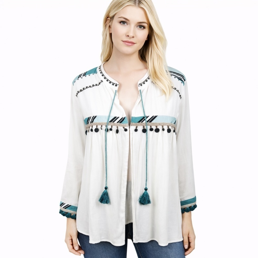 Chicos 3 Tunic Top White Teal Boho Tassels Coins Embroidery Open Jacket Size XL